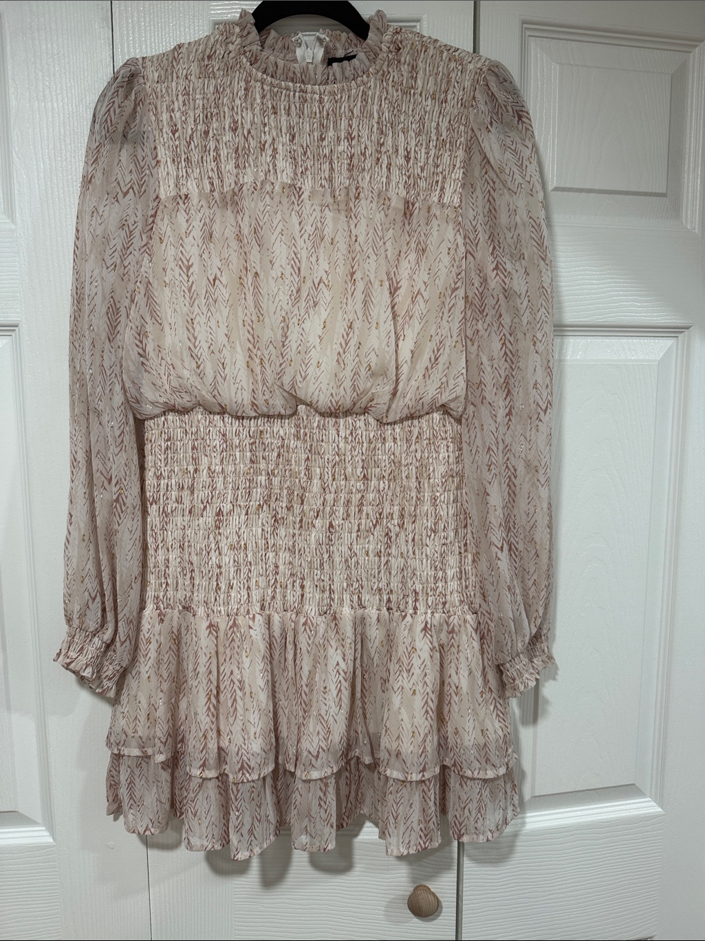 Aqua Blush Printed Smocked-Waist Long Sleeve Tiered Dress